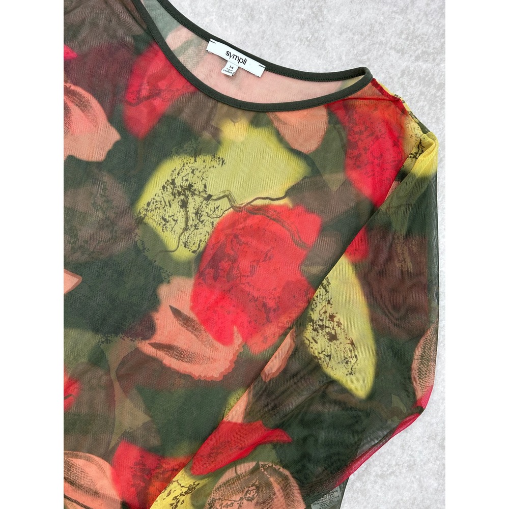 Sympli Women Floral Mesh Long Sleeve Top Red Green Sheer Blouse Size 14